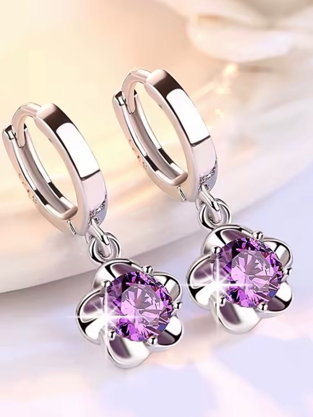 925 Sterling Silver Floral Drop Earrings with Purple Crystal NEW